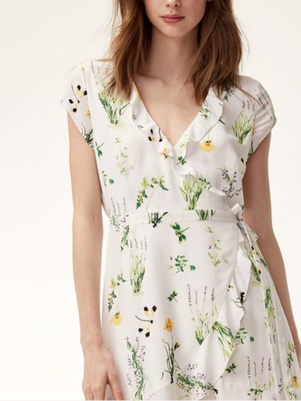 Aritzia Sunday Best White Floral Wrap Ruffle Dress In Excellent Condition